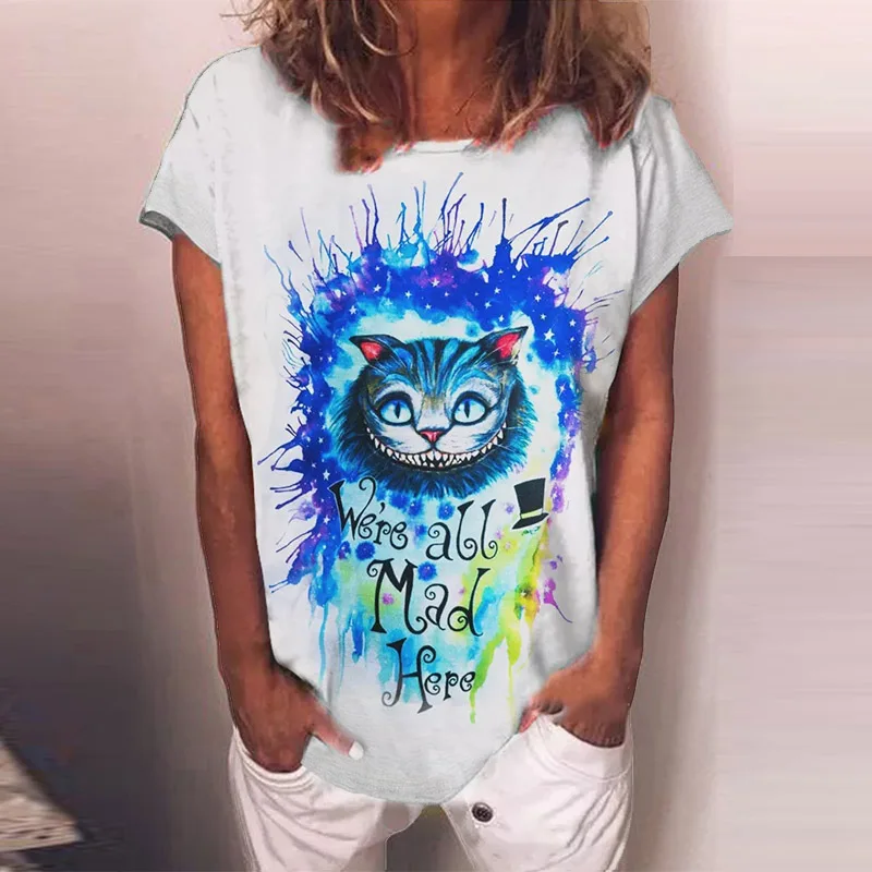 

5XL Retro Cartoon Cat Print Blouse Shirt Women Round Neck Short Sleeve Tops Pullover 2021 Spring Summer Loose Streetwear Blusas