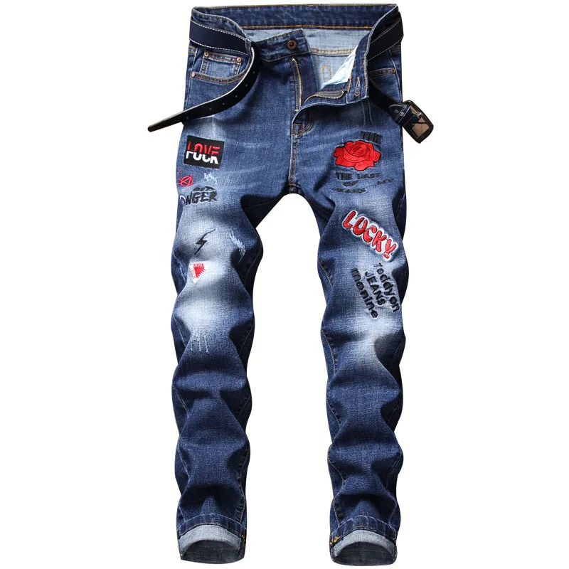 

Men's Jeans Denim Long Pants Skull Embroidery Printed Jeans Trendy Patches Design Slim Straight Hole Black Ripped Distressed