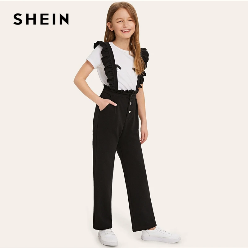 SHEIN Kiddie/черные однотонные брюки на пуговицах, возможность носить с брюками с рюшами на бретелях, детские штаны г., Осенние прямые длинные штаны для подростков