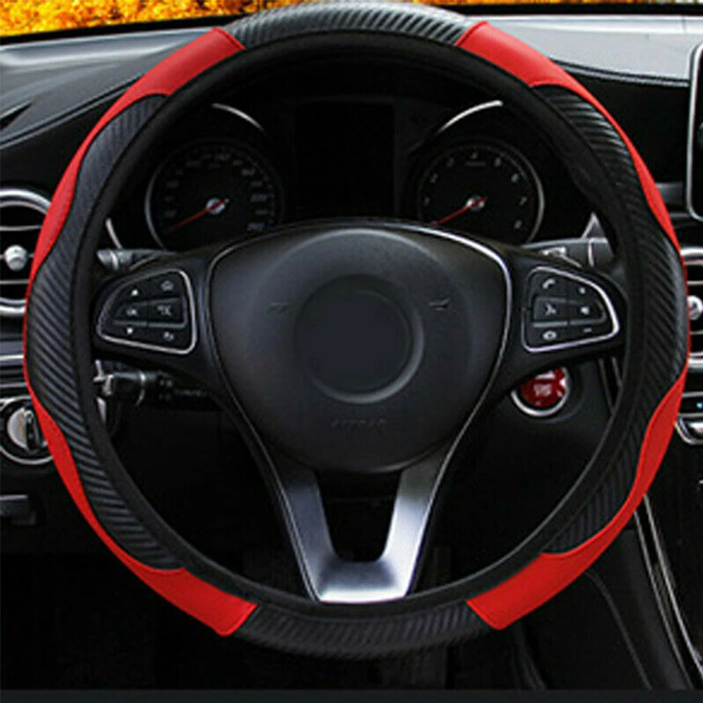 

1 Pc 37~38CM Carbon Fiber Leather Car Steering Wheel Cover Non-slip Black &Red