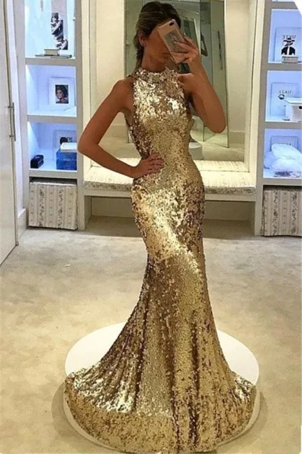 

Gold/silver Sequins Mermaid Evening Dresses Round Neck Sleeveless Sparkly Dress Robe De Bal Longue Backless Plus Party Gowns