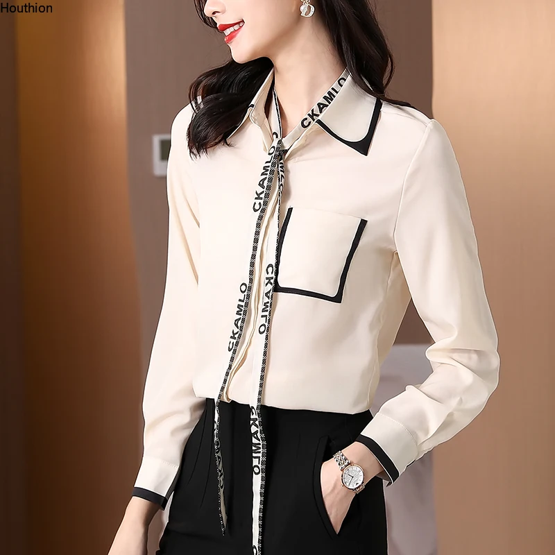 

Silk Satin Loose Women's Shirt New Fashion Blouses Casual Long Sleeve Letter Bow Polo Summer Clothing Lady Houthion
