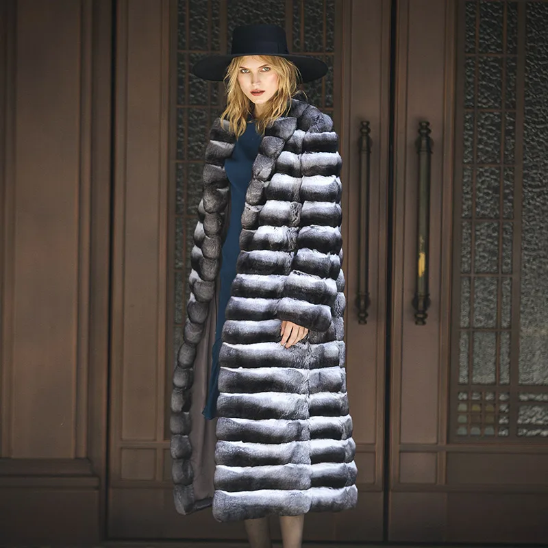 

Luxury Rex Rabbit Fur Coats Woman 120cm Long Real Rex Rabbit Fur Coat Turn-down Collar Winter Fashion Natural Women Fur Overcoat