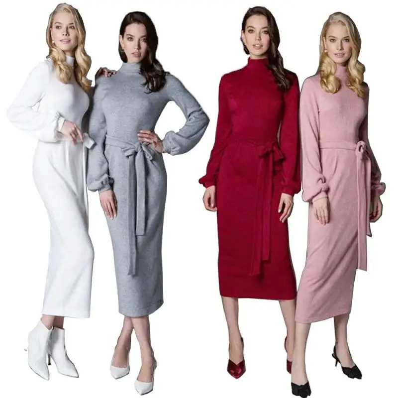 Z ZOUX женское платье белое серое вязаное с воротником стойкой длинным рукавом на