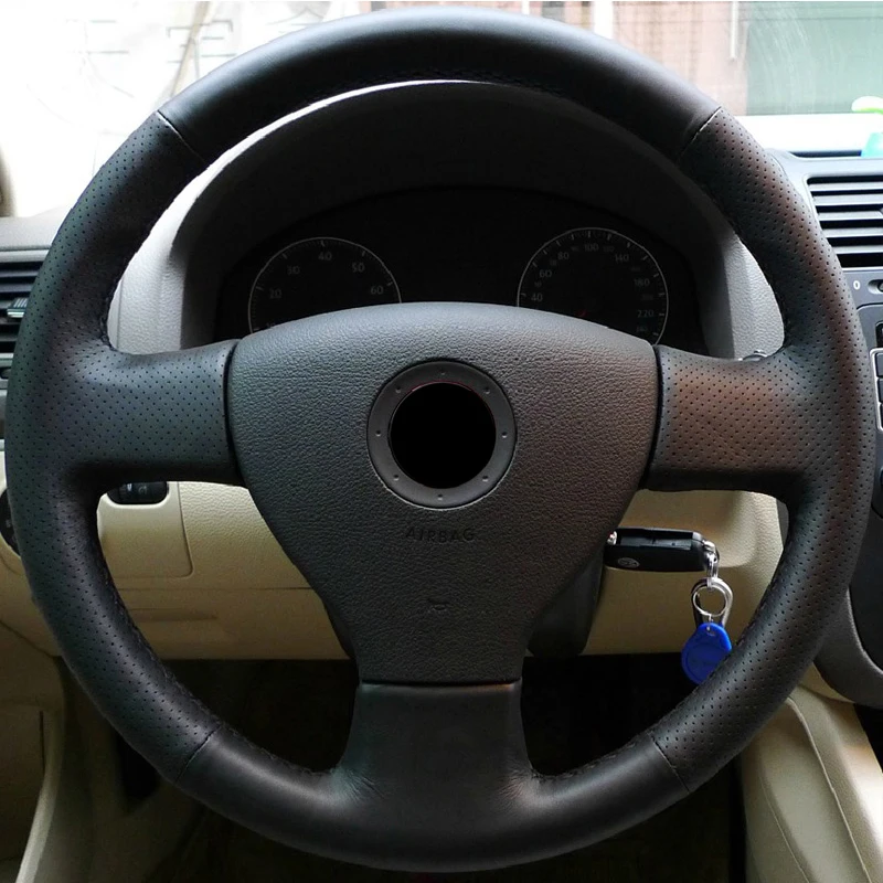 Черный верхний слой кожи прошитый вручную чехол рулевого колеса автомобиля для