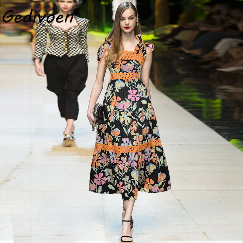 

Gedivoen Fashion Designer Summer Vintage Party Dress Women's Bow-knot shoulder Lace Floral print High waist Midi Dress