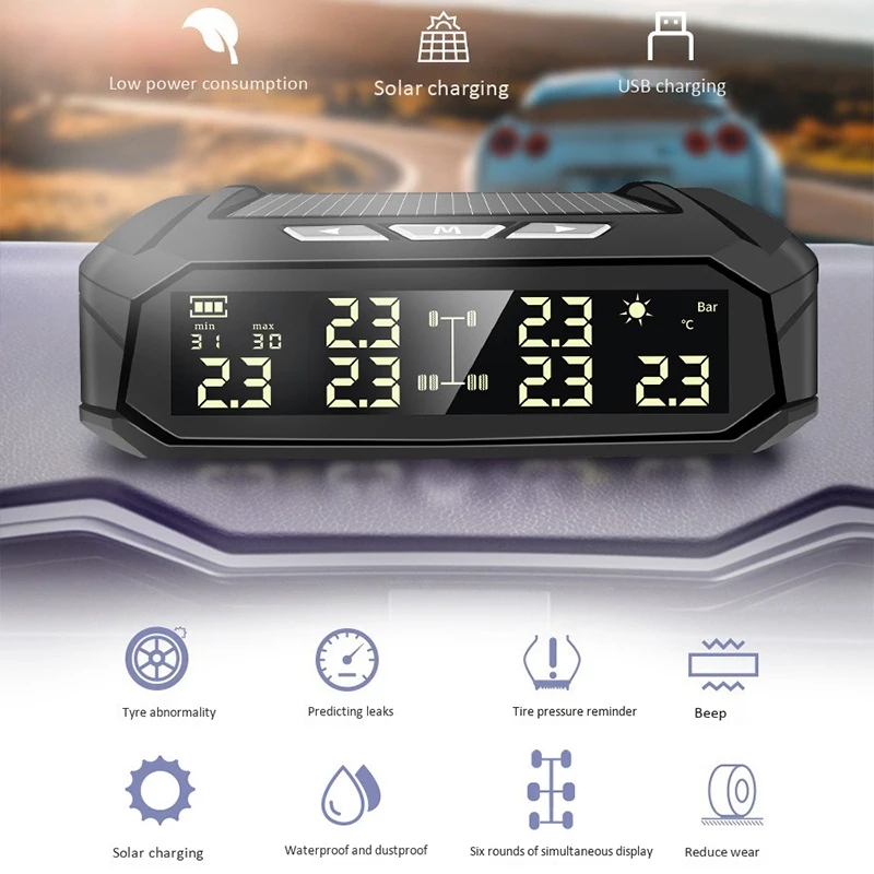 

TPMS Solar Car Tire Pressure Alarm Monitor System Display Intelligent Temperature Warning with 4 Build-in Sensors