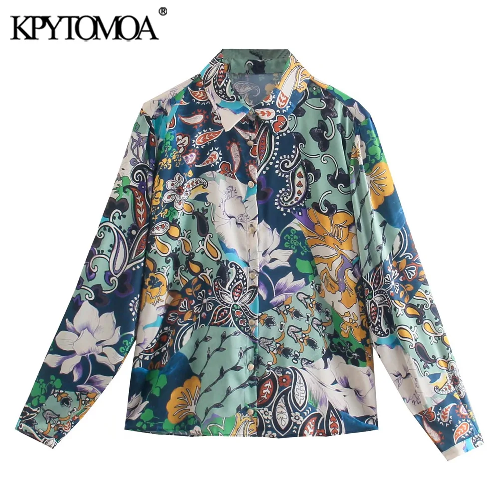 

KPYTOMOA Women 2021 Fashion Patchwork Floral Print Cozy Blouses Vintage Long Sleeve Button-up Female Shirts Blusas Chic Tops