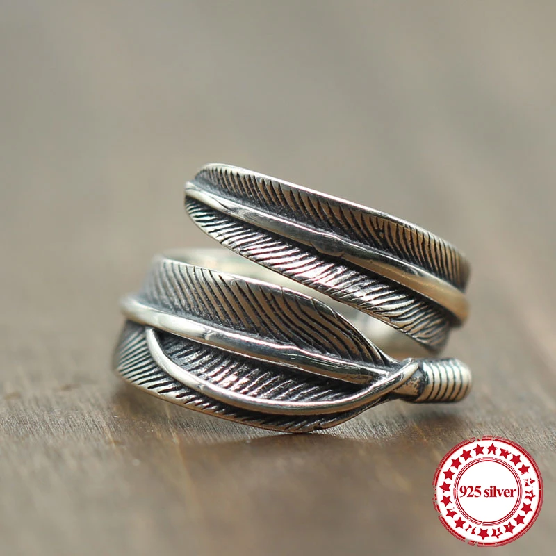 

S925 sterling silver open ring personality classic fashion Indian feathers vintage style high-end send lover jewelry gifts