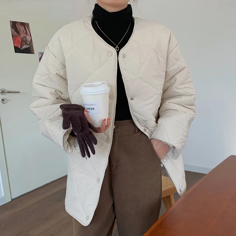 Korean Version Loose and Thin Round Neck Diamond Lattice Cotton-padded Jacket Simple Cotton-padded Jacket Women 2022 Winter New