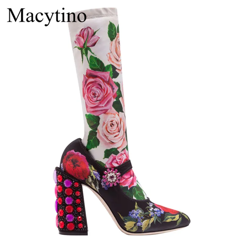Женские туфли лодочки на шпильке с цветочным принтом|Сапоги до середины голени| |