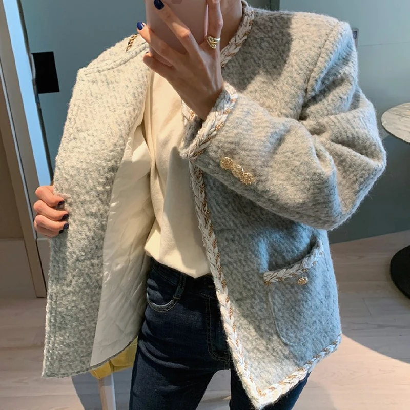 

Tweed Woolen Coat 2021 New Spring Autumn Single Breasted Pockets White Elegant Work Ladies Short Jacket Women Vintage Harajuku
