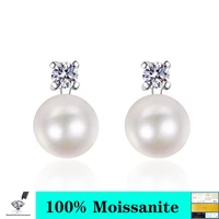 925 sterling silver 0 3ct d vvs 18k white gold color wedding freshwater pearl stud earrings woman moissanite earrings
