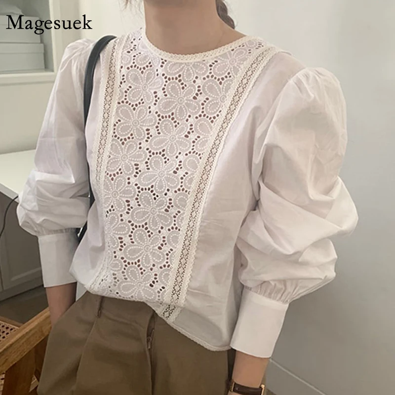 

Модная женская блузка с круглым вырезом, весенние ажурные белые дамские рубашки с цветочным принтом, Офисная рубашка с рукавами-фонариками, новая женская одежда 13271