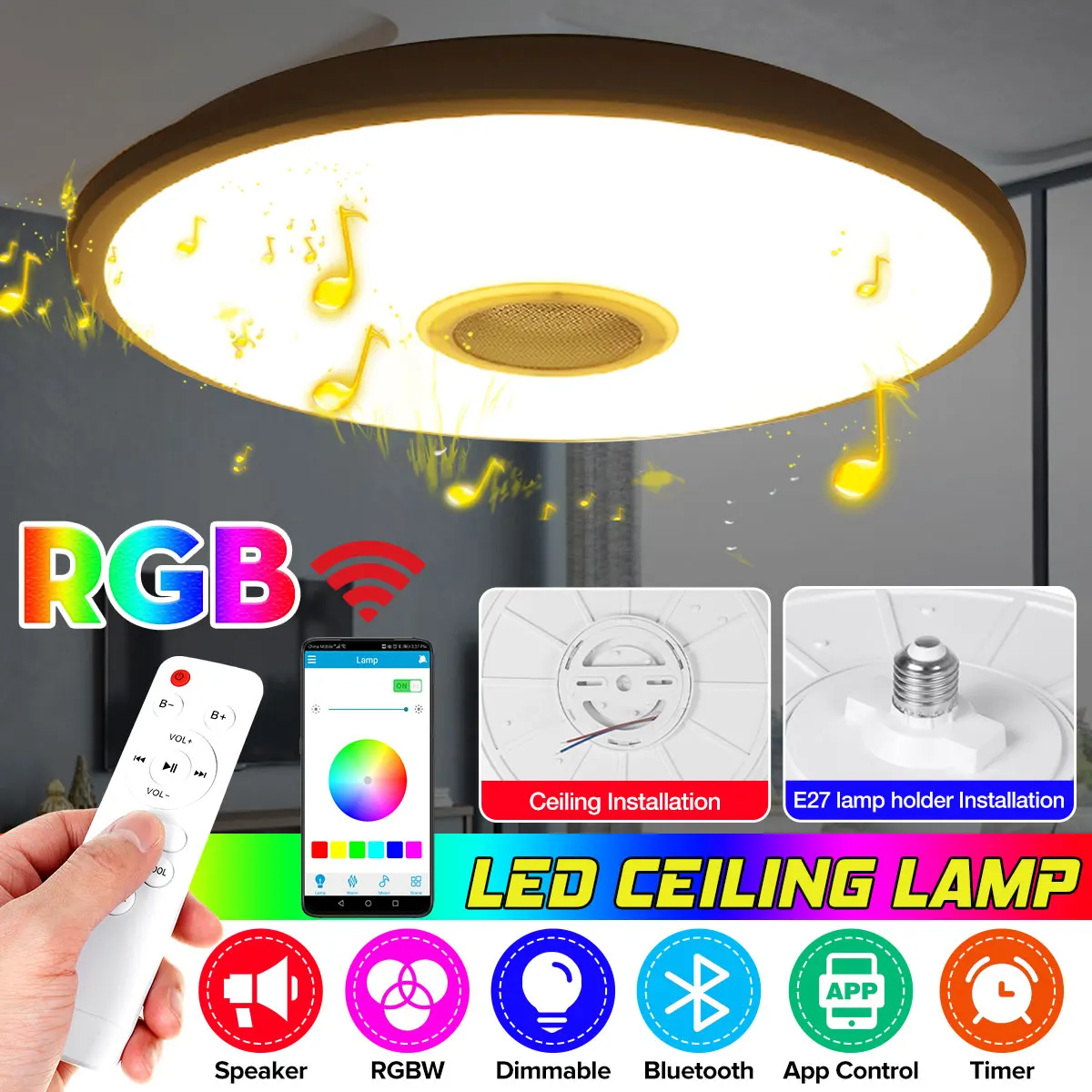 

250 Вт RGB светодиодный потолочный светильник s с приложением и динамиком bluetooth музыка светильник Спальня лампа с регулируемой яркостью E27 Смар...