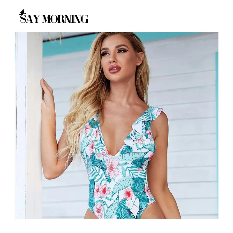 

Комплект бикини SAY MORNING, Женский Цельный купальник с V-образным вырезом и принтом, с оборками, новинка 2021, пляжная одежда, купальный костюм