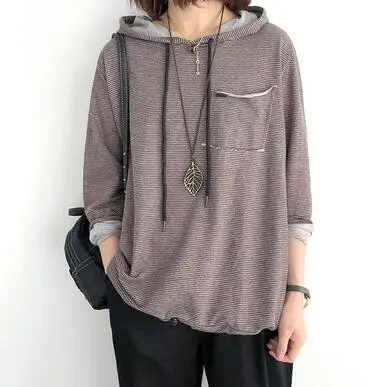 Autumn Casual Women Stripe Shirt Cotton Hooded Long Sleeve Spring Thin Pockets Loose Female Fashion Blouse YoYiKamomo - Цвет: coffee