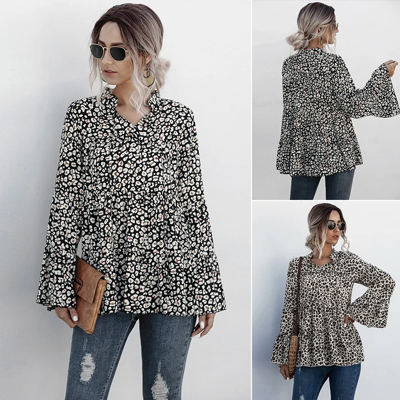 

Women Leopard Print Ruffle Tops Shirts Casual Ladies Tunic Vintage Shirt