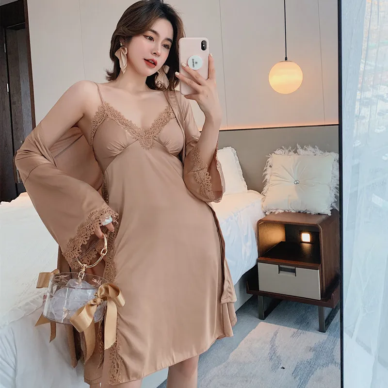 

Sexy Sleepwear Kimono Bathrobe Gown Spring Summer Women Twinset Robe Set Casual Lace Trim Knee-Length Home Dress Satin Nightwear