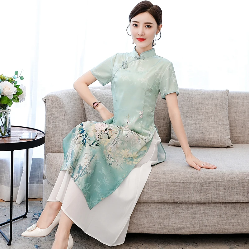 Женское длинное летнее платье в китайском стиле Ципао с коротким рукавом