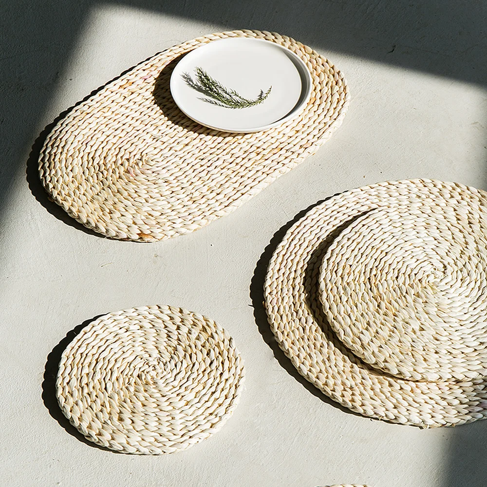 Японский плетеный коврик ручной работы из кукурузы круглый соломы и трикотажа
