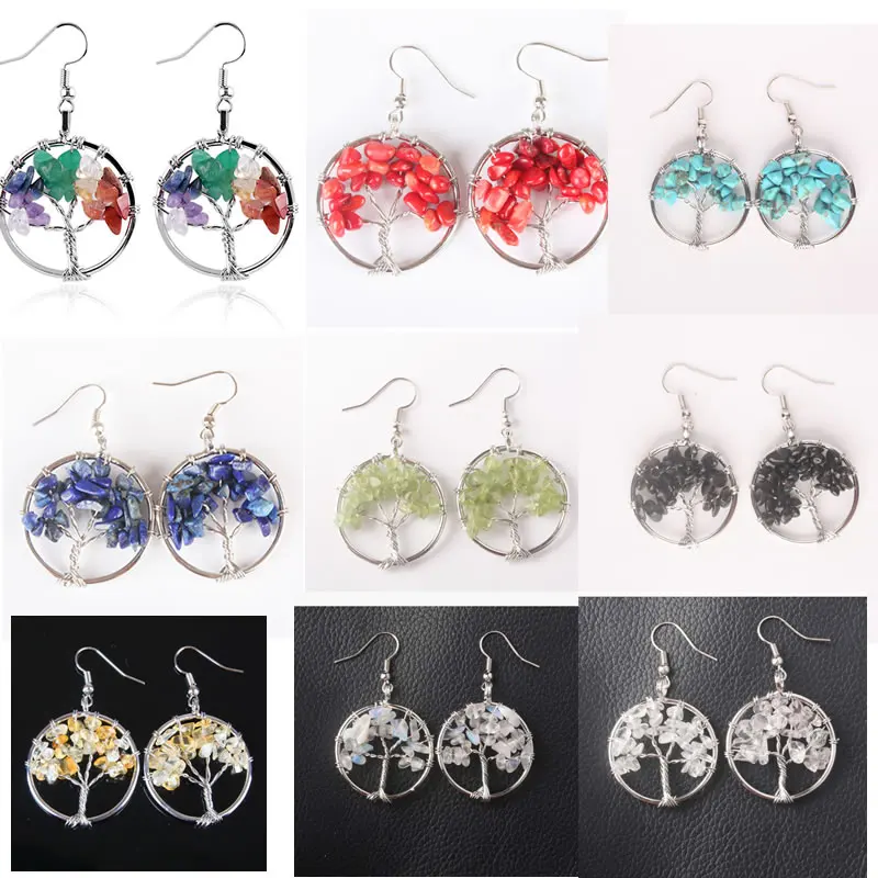 

1PCS Wholesale Natural Healing Stone Tree of Life Dangl Earrings Crystal Reiki Stones Women Stone Earring Jewelry Drop Shipping