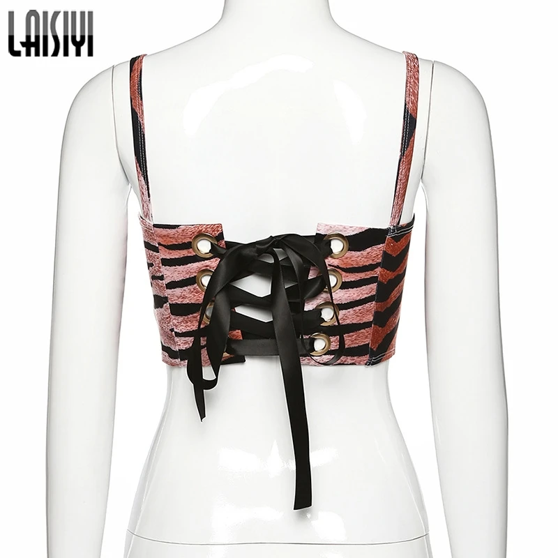 

LAISIYI Tiger Print Fashion Sleeveless Bustier Corset Crop Tops Female Summer 2020 Sexy Backless Lace Up Top Cropped Short New