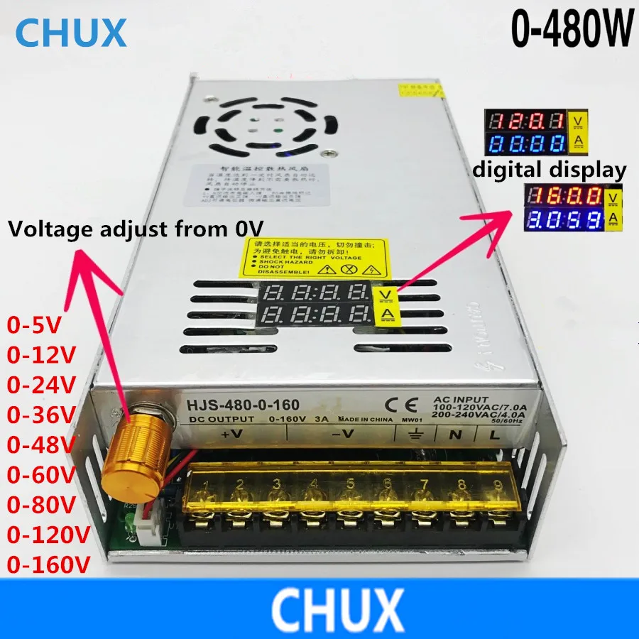 CHUX 480W импульсный источник питания Voltag Регулировка 0-12V 5V 24V 36V 48V 60V 80V 120V 160V Светодиодный источник питания с двойным цифровым дисплеем