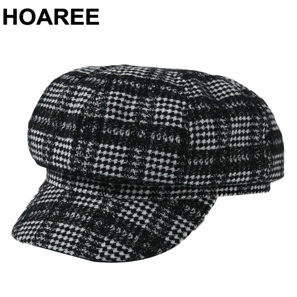 

HOAREE Hats for Women Newsboy Cap Woolen Winter Female Vintage Houndstooth Black Beret Coffee Ladies Plaid Octagonal Cap