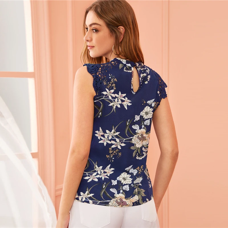 SHEIN модный гипюровый топ с цветочным принтом и кружевными рукавами реглан, Вырез «капля», Летние Элегантные Женские топы и блузки