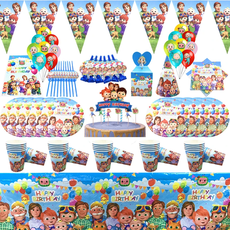 

Hot Cocomelon Cartoon Theme Party Supplies Napkin Set Tablecloth Cup Knife Fork Spoon Animal Birthday Party Decoration Children