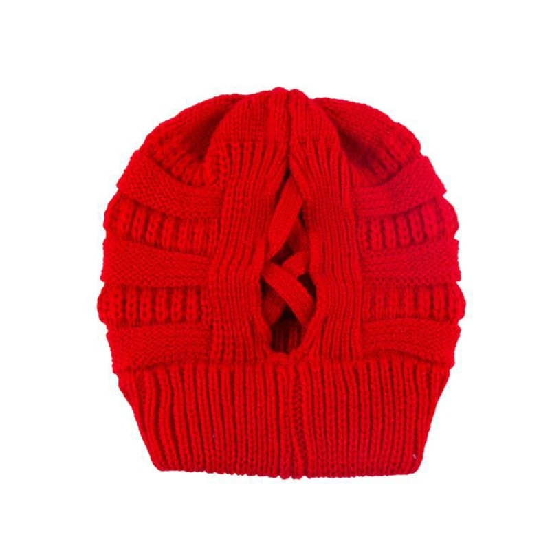 

Women Winter Warm Chunky Knitted Solid Color Beanie Hat Hollow Out Criss Cross Messy Bun High Ponytail Stretch Skull Cap