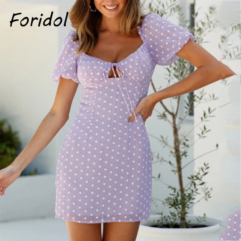 

Женское короткое пляжное платье Foridol, фиолетовое платье в горошек с открытой спиной и бантом, в стиле бохо, летнее платье мини, 2021