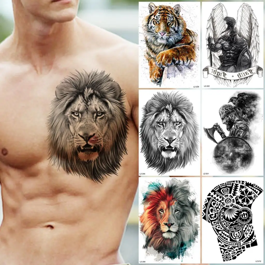 Фото Временные татуировки для мужчин большой черный Лев реалистичные крылатые рыцари