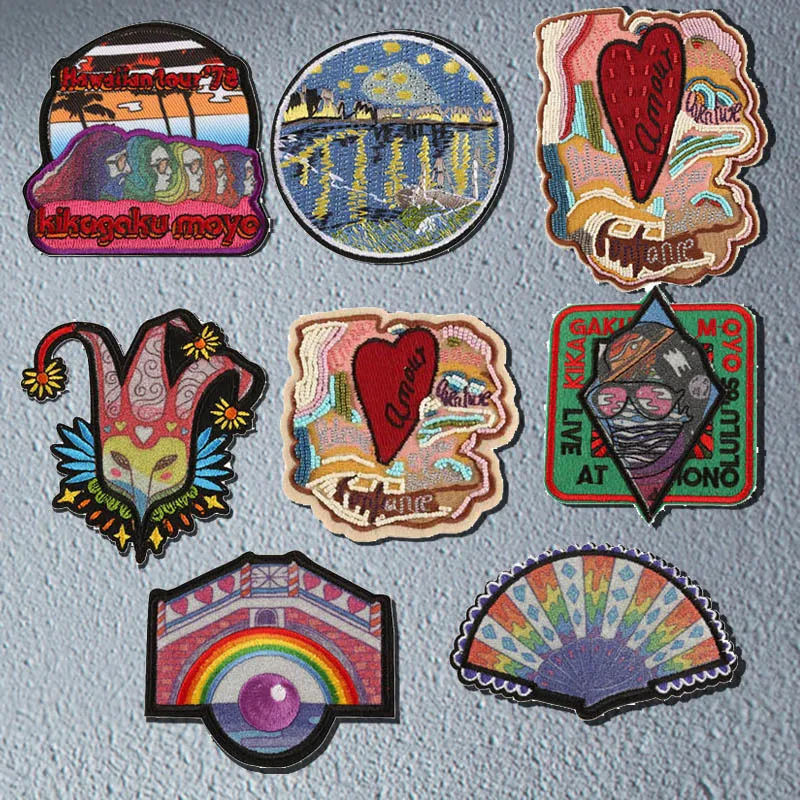 

Flash powder Landscape Bridge clown Patches for Clothes Iron On Badge Embroidered DIY Beach Starry Sky Clothing Appliques