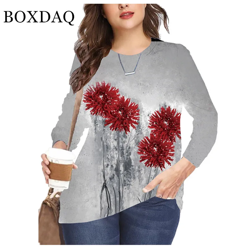 

5XL 6XL Oversized Ladies Tops Casual Long Sleeve Women Tie Dye Flower Print T Shirt Vintage Autumn Clothes 2021 Plus Size Shirts