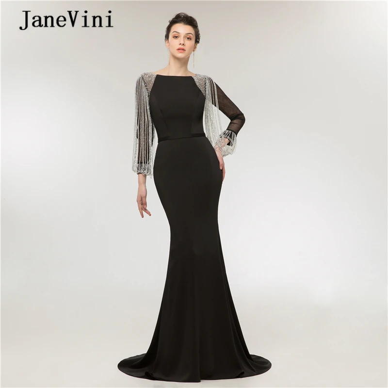 

JaneVini 2020 Luxury Beading Black Evening Dresses with Long Sleeve O Neck Robe Satin Sweep Train Sexy Arabic Formal Party Gowns