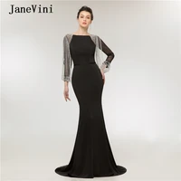 janevini 2020 luxury beading black evening dresses with long sleeve o neck robe satin sweep train sexy arabic formal party gowns