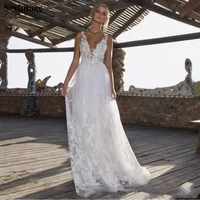 sevintage newest v neck boho wedding dress sleeveless backless appliques lace bridal gowns tulle court train bride gown princess
