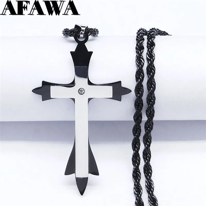 

Crystal Stainless Steel Cross Long Chain Necklaces Women Black Silver Color Long Necklaces Jewelry chretienne N4527S02
