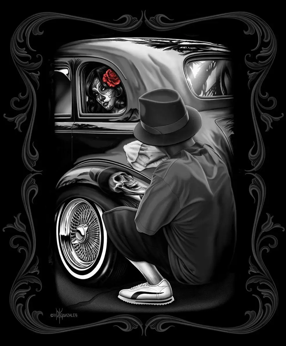 DGA День мертвых Lowrider роза череп отражения Оловянная металлическая табличка 12x16