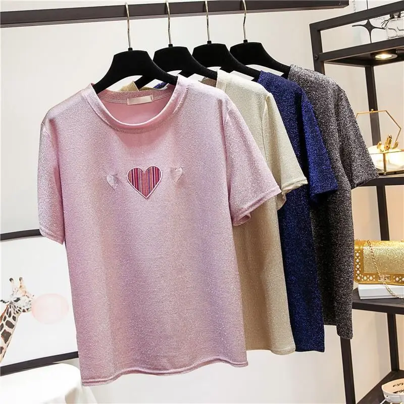 Блестящая футболка большого размера уличная одежда женские летние топы с