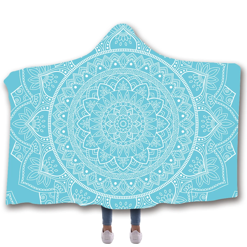Одеяло с капюшоном и принтом мандалы для взрослых детей шерсть зимний теплый