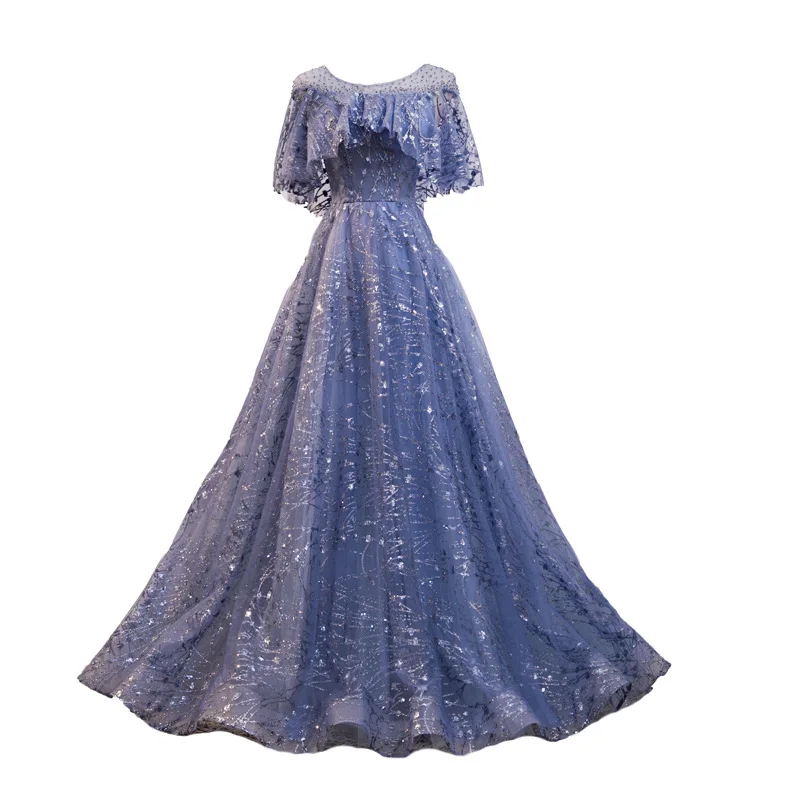 

New Style Puff Skirt Color Yarn Long Evening Dress Temperament Dress