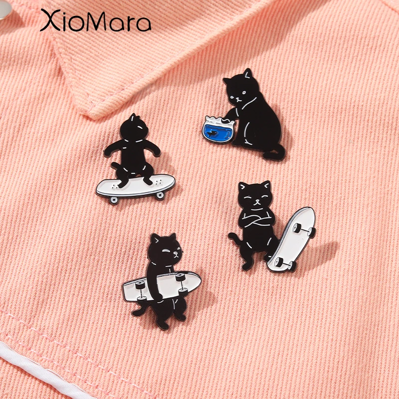 

Cartoon Creative Black Cat Enamel Pins Playing Skateboard Fish Tank Brooches On Denim Clothes Lapel Pins Jewelry Gift for Women
