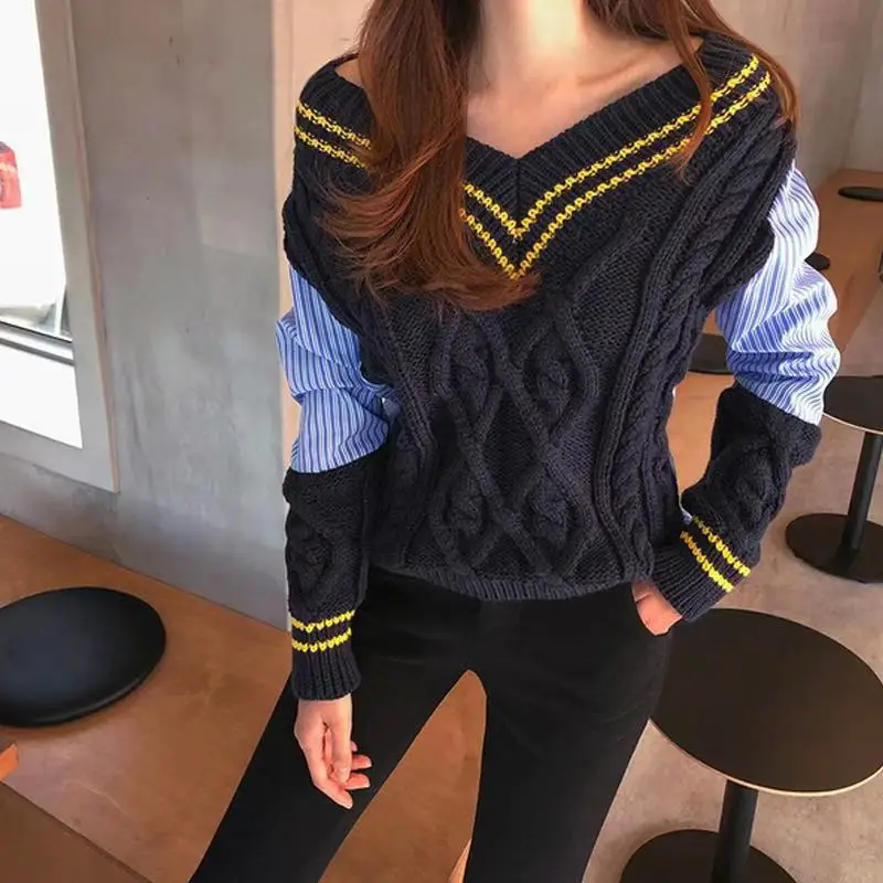 Свитер Cheerart с V-образным вырезом Женский пуловер полосатый лоскутный Синий