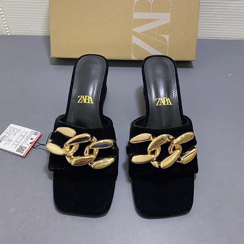 

ZAR Spring New Women's Shoes Black Chain Decorated Velvet High-Heeled Thick-Heeled Sandals With Square Toe Open-Toe Slippers