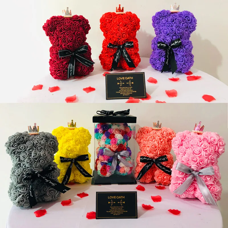 Muñecos de peluche de 25cm para mujer, oso rosa, regalo de San Valentín para mujer, novia, flor Artificial de PE, decoración para fiesta de boda