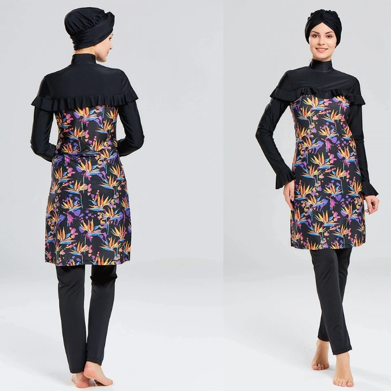 

Women Muslim 3pcs Burkini with Hijab Islamic Long Sleeve Ruffled Modest Swimsuit