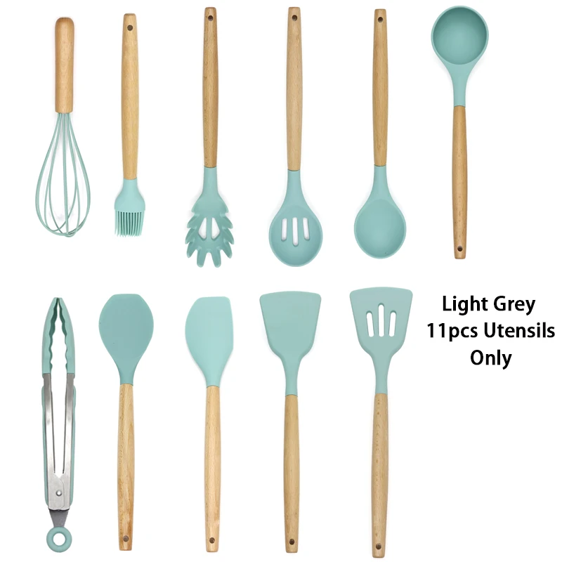 11 pcs blue HIKUUI Набор посуды набор кухонной посуды из пищевого силикона с деревянной ручкой кухонные инструменты лопатка Тернер ковш кухонные принадлежности - Цвет: 11 pcs blue